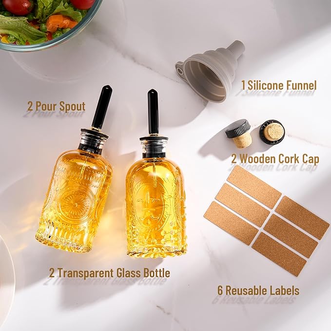 Baalaka Glass Olive Oil Dispenser Bottle Set, 7 oz, 2 Pack | Glass oil dispenser for kitchen with metal spouts; small oil bottles with funnel, labels and stoppers for syrup and juice