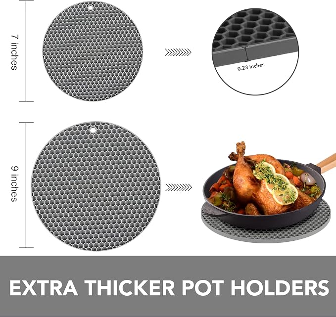 4 Pack Silicone Trivet for Hot Dishes | Heat Resistant Silicone Pot Holders for Kitchen Countertops, Hot Dishes, Jar Opener, Spoon Holder, Easy to Wash and Dry, Grey