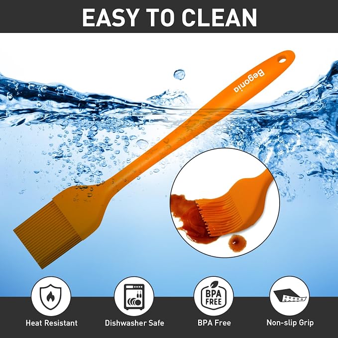 Begonia Silicone Kitchen Brush, 2pcs 10+8 inch Basting Brush (Orange) | Heat Resistant Pastry Brush for Cooking, Baking, Grilling, Spreading Oil