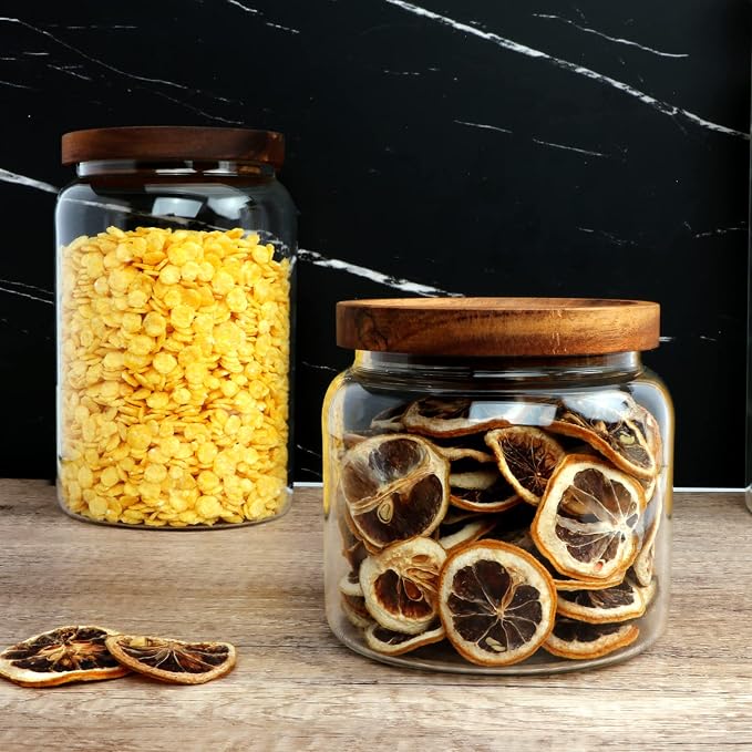 33oz 4pack Glass Food Storage jars with Wooden Lids,Glass Canisters | Glass Pantry Storage Containers Sets for Sugar,Tea,Coffee,Snack,Spice,Herbs,Cookie