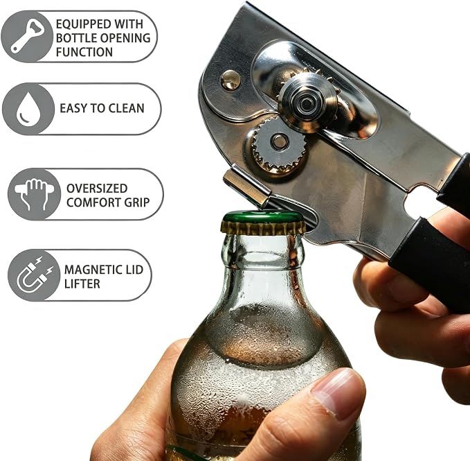 AORRZER® Can Opener Manual with Magnetic Lid Lifter, High-Intensity Sharp Steel Blade, Bottle Opener, Comfortable Grip Handle, Kitchen Tools for Home and Commercial (Black)