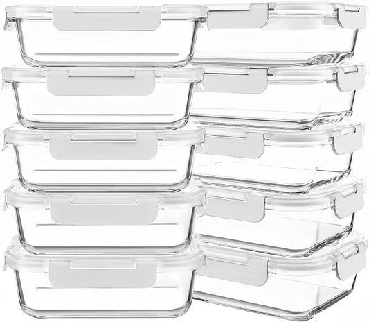 10 Packs 30 oz Glass Meal Prep Containers with Lids, White | Glass Food Storage Containers with Lids,Airtight Lunch Bento Boxes,Microwave, Oven, Freezer and Dishwasher