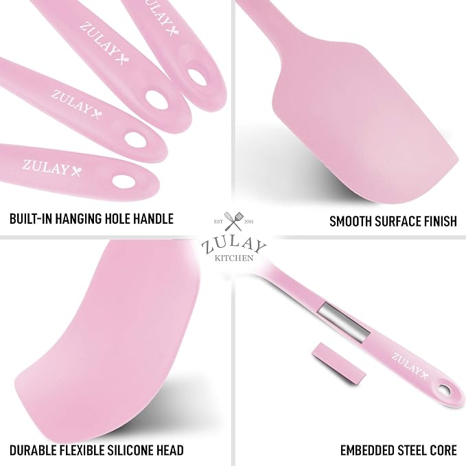 Zulay 4pcs Silicone Spatula Set - Heat Resistant Silicone Tools for Cooking, Baking & Mixing - One Piece Design Spatulas for Non-Stick Cookware - Durable Stainless Steel Core (Pink)