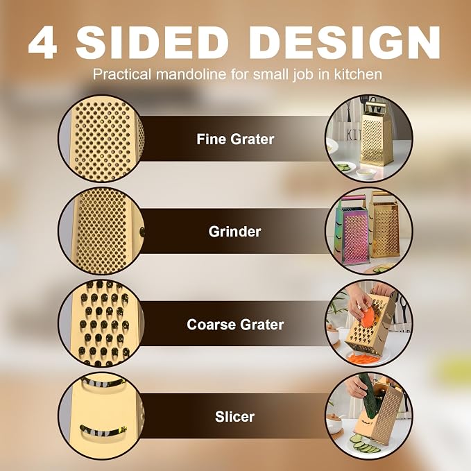 Handheld Cheese Grater Box for Kitchen, Stainless Steel 4 Sided Cheese Grater with Handle for Grinding Shredding & Slicing, Dishwasher Safe (Gold)