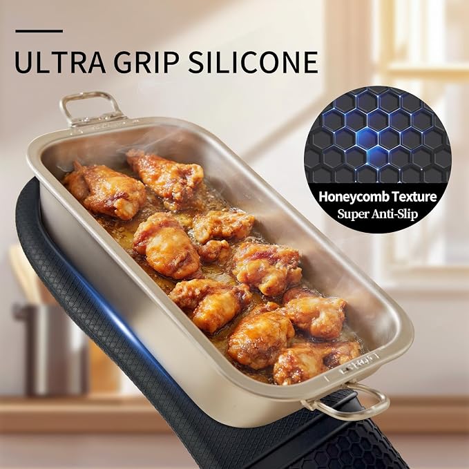 Silicone Oven Mitts, Heat Resistant, Soft Non-Slip Oven Gloves with Cotton Lining Kitchen Essentials for Baking, Cooking, BBQ, Apartment Essentials, 11.5 Inch Black