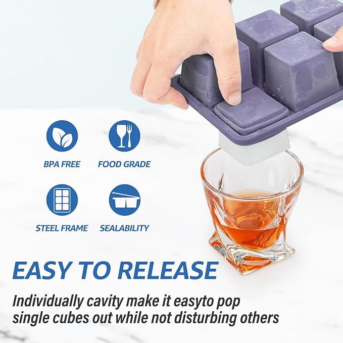 mossime Silicone Ice Cube Tray: 2pack Square Whiskey Large Ice Cube Molds - Old Fashioned Ice Cube Trays with Lid - 2inch Easy Release Big Freezer Mold for Cocktail Food Soup & Juice