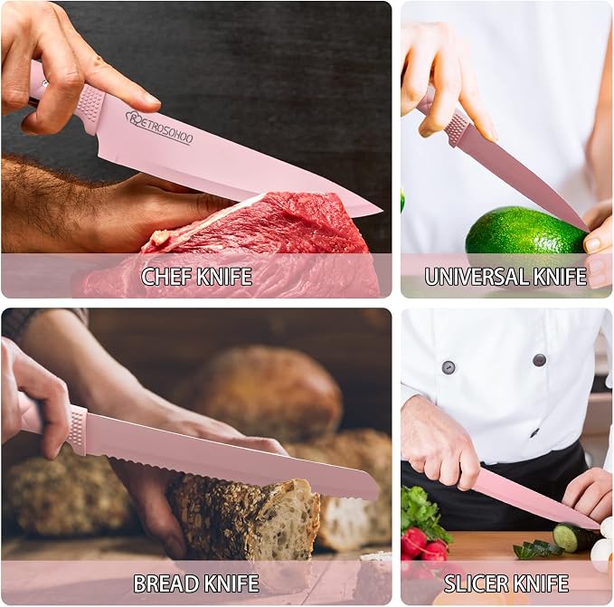 Kitchen Knife Set, Retrosohoo Pink Flower 6PC Stainless Steel Sharp Chef Cooking Non-slip Knife Set with Acrylic Stand & Block, Non-stick Colorful Coating Gift for Women Girls (Pink)