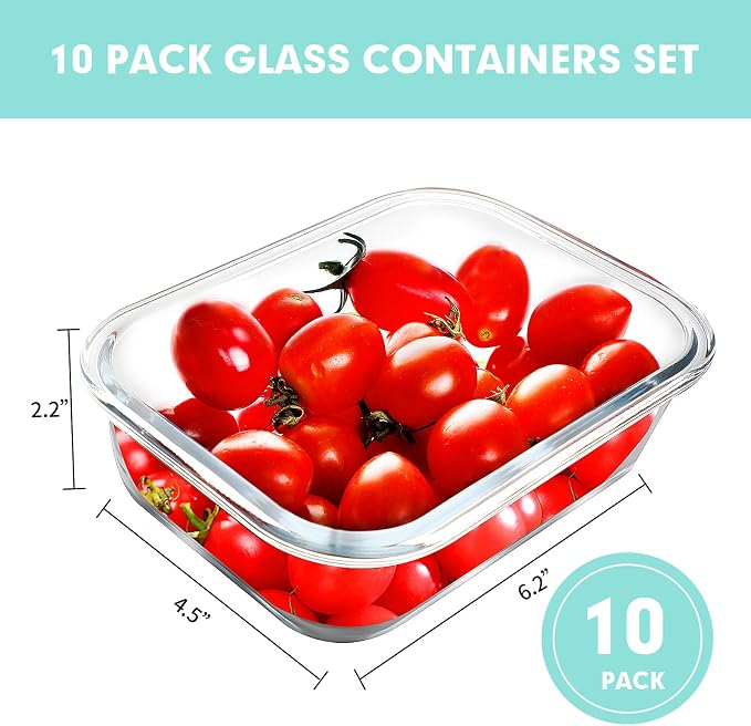 VERONES 10 PACK 22 OZ Glass Meal Prep Containers Set with Lids, Green | Airtight Glass Lunch Containers Set, Glass Food Storage Containers, for Microwave, Oven, Freezer & Dishwasher Friendly