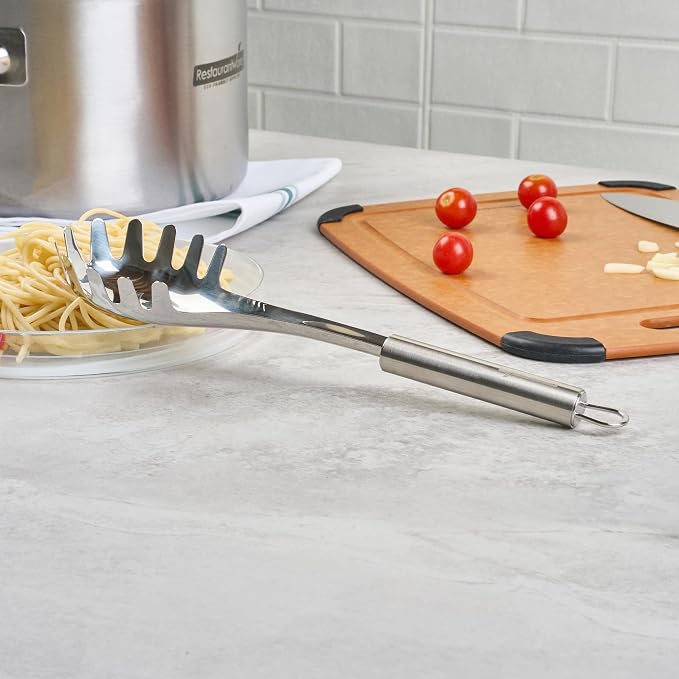 Restaurantware 12.5" Stainless Steel Pasta Fork - German Standard Pasta Server with Large Slotted Bowl, Dishwasher Safe - Slotted Pasta Spoon for Spaghetti, Linguine, Fettuccine