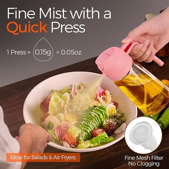 YARRAMATE 16 oz 2-in-1 Glass Olive Oil Sprayer for Cooking, Pink | Food-grade dispenser bottle, 470 ml, spray and pour, portion control, stickers included, for salad, frying and BBQ