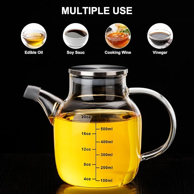 PARACITY Glass Oil Dispenser Bottle with Measurements, Oil Dispenser Bottle for Kitchen, 20.3 OZ Oil Container Kitchen for Olive/Vinegar/Cooking/Soy Sauce
