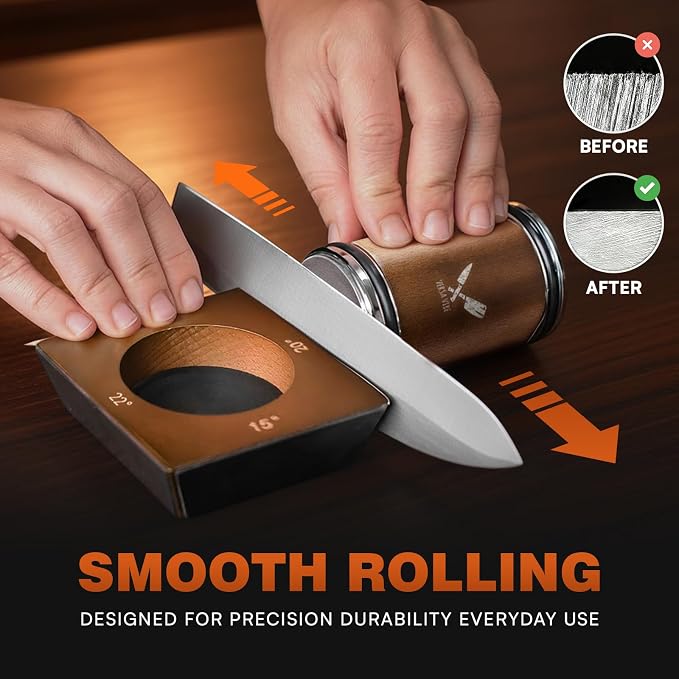 Rolling Knife Sharpener Kit – Cylindrical 360° Even-Edge Sharpening, 4 Angles (15°/17°/20°/22°), 3-Stage 360 Diamond, 1000 Ceramic & 600 Corundum Discs – Professional Kitchen Knife Sharpening System