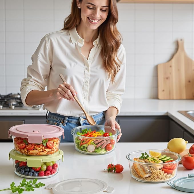 4 Cup/32oz Borosilicate Glass Meal Prep Containers with Vented Lids, 4 PACK | Airtight Leak Proof, Food Grade, Microwave Dishwasher Oven Freezer Safe, BPA-Free, Lunch Soup Leftover Food Storage, Round