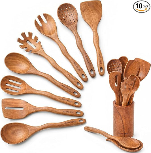 Kitchen 10PCS Teak Wooden Utensils Set With Holder and Spoon Rest | Non-stick, Easy to Clean, Durable, Smooth with Comfort Grip Wooden Spoons for Cooking - Non Toxic Wooden Cooking Utensil