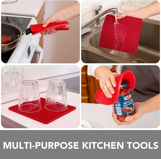 4 Pack Trivets for Hot Dishes | Hot Pads for Kitchen, Silicone Pot Holders for Kitchen Countertops,Table, Hot Pots and Pans, Easy to Wash and Dry, Red