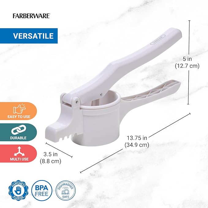 Farberware Professional Potato Ricer with 3 Stainless Steel Discs and Ergonomic Plastic Handle, White - Makes Fluffy Mashed Potatoes, Rices Vegetables and Fruits, Dishwasher Safe, 13.75 Inches
