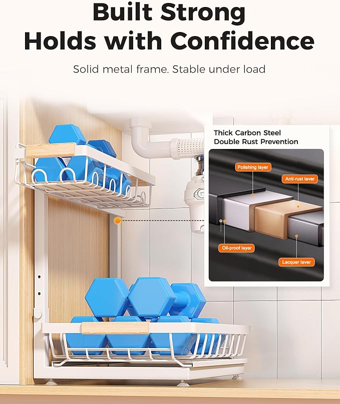 2-Pack 2-Tier Height Adjustable Under Sink Organizer & Storage | Multi-purpose storage for kitchen & bathroom cabinet. Extra Large white shelf, height adjustable design for space-saving.