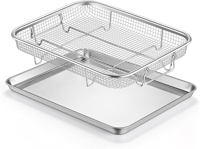 E-far Air Fryer Basket for Oven, Medium 12.5” x 9.6” Stainless Steel Air Fryer Pan and Crisper Tray, Air Fryer Rack with Baking Pan for Crisper Foods Frying Baking Roasting, Dishwasher Safe