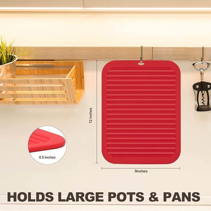 2 Pack Square Trivets for Hot Dishes | 9*12in Silicone Hot Pads for Kitchen,Hot Pots and Pans, Protect Table, Countertops, Heat Resistance to 480°F, Red