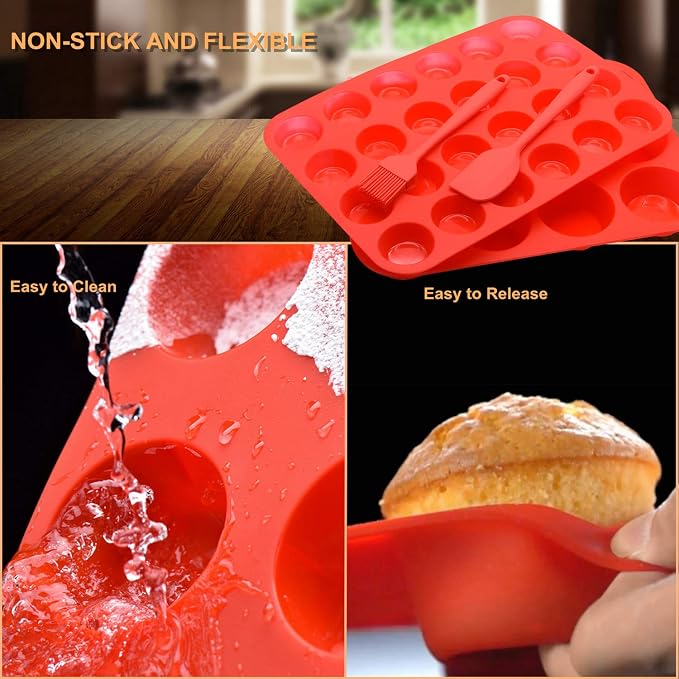 Silicone Muffin Pan Cupcake Set, Non-Stick Regular 12 Cups and Mini 24 Cups,Silicone Baking Molds,BPA Free Muffin Tin with 1 Silicone Spatula & 1 Oil Brush (Red) | Silicone Baking Molds ,BPA Free Muffin Tin with 1 Spatula & 1 Oil Brush，BPA-Free, Dishwa...