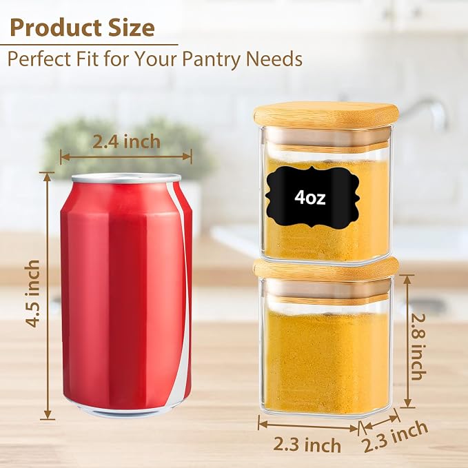 20 Pack 4 oz Square Glass Spice Jars with Lids and Labels – Airtight Small Seasoning Containers Set, Clear Glass Storage Jars for Seasoning, Spices, Kitchen Pantry Organization