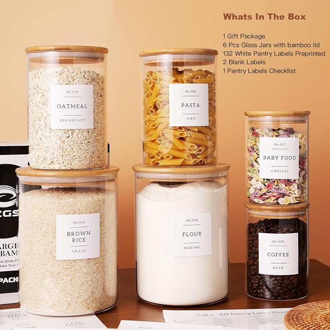 CZZGSM Set of 6 Glass Flour and Sugar jars with 132 Kitchen Pantry Labels - Thicken Large Glass Storage containers with Airtight Bamboo Lid - Rice Canisters for Salt Coffee - 100OZ/54OZ/27OZ