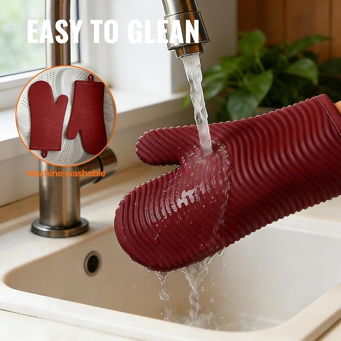 YUTAT Silicone Oven Mitts,Heat Resistant 2PCS Oven Mitts with Soft Polyester Filling Perfect for BBQ, Baking and Cooking,Red
