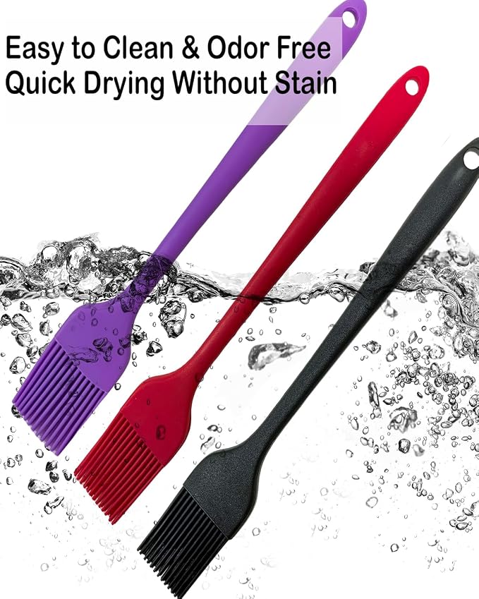 Pastry Brush For Baking,Silicone Basting Brush For Cooking,315°C Heat Resistant Food Brush for Oil & Sauce,Non-Shedding for Kitchen Butter Bread Meat Egg Wash Cake Baster(3pc Red Black Purple)