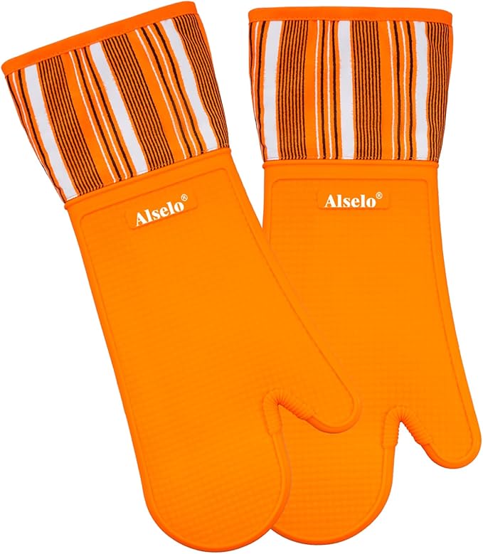 Alselo Oven Mitts Heat Resistant Silicone Kitchen Gloves for 550 Degrees with Waterproof and Non-Silp, Oven Gloves for Baking Cooking Barbecue Microwave Machine Washable (Extra Long Orange, 2)