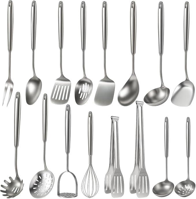 Newness 16 Pcs Cooking Utensils Set, 304 Stainless Steel Kitchen Utensils Set, Metal Kitchen Accessories, Include Soup Ladle, Slotted Skimmer Spoon, Spaghetti Spoon and Spatula, Dishwasher Safe