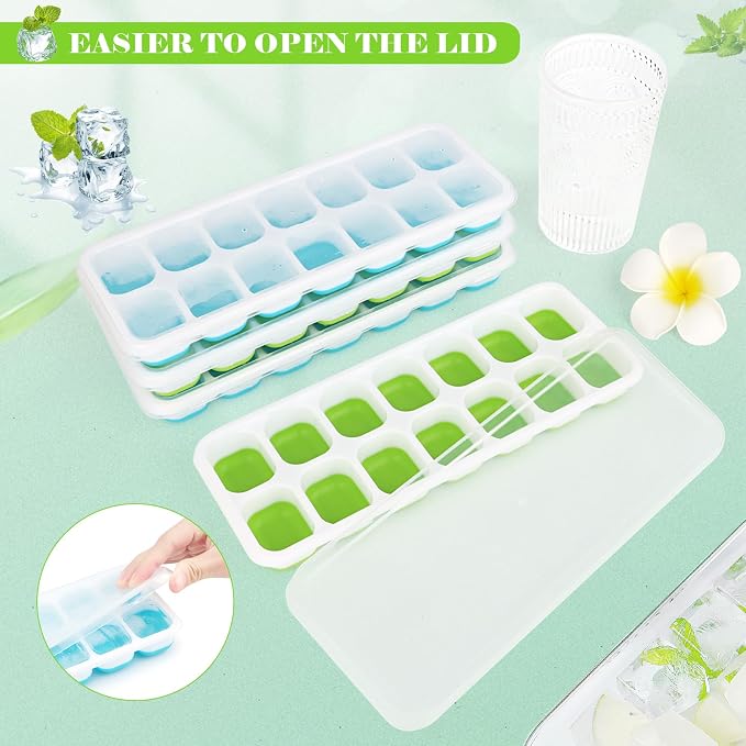 Set of 4 Silicone Ice Cube Trays with Lids, RISVOWO Stackable Ice Cube Mould, LFGB Certified and BPA Free, Reusable Ice Cube Mould for Whisky, Cocktail, Ice Cream, Freezer, Beverages