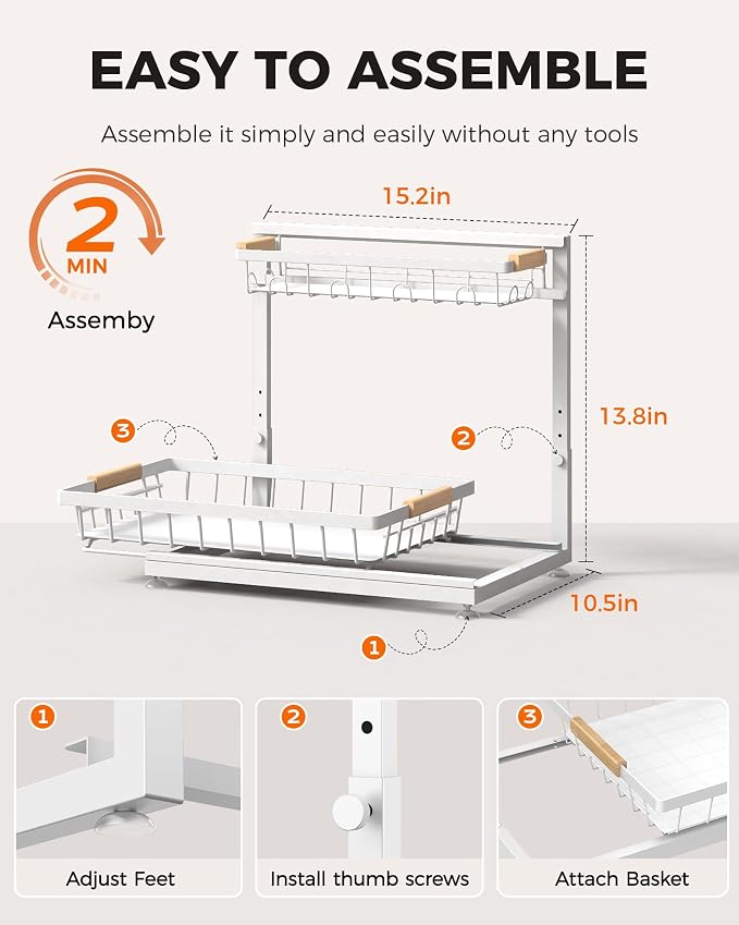 2-Pack 2-Tier Height Adjustable Under Sink Organizer & Storage | Multi-purpose storage for kitchen & bathroom cabinet. Extra Large white shelf, height adjustable design for space-saving.