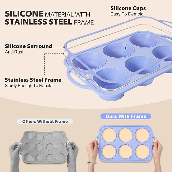 Jumbo Silicone Muffin Pan with Frame, Non Stick Large Cupcake Baking Tin | Silicone Cupcake Pan with Handles 6 Cup, BPA Free Silicon Muffin Tin Tray Extra Large for Baking Egg Bites Mold Vnray Blue