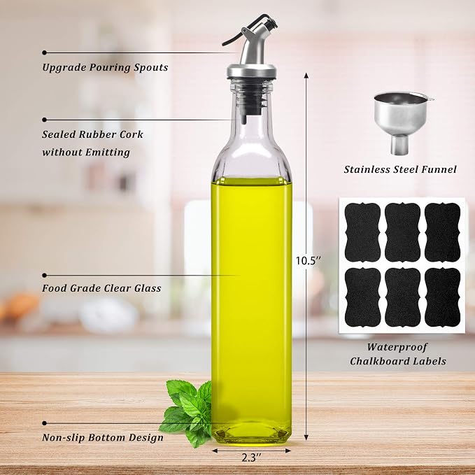 BAKHUK Glass Oil Dispenser Bottles for Kitchen, 17oz Olive Oil Bottle with Stainless Steel Funnel and Pour Spouts, Olive Oil Dispensing Vinegar Cruet Set, 3 Pack
