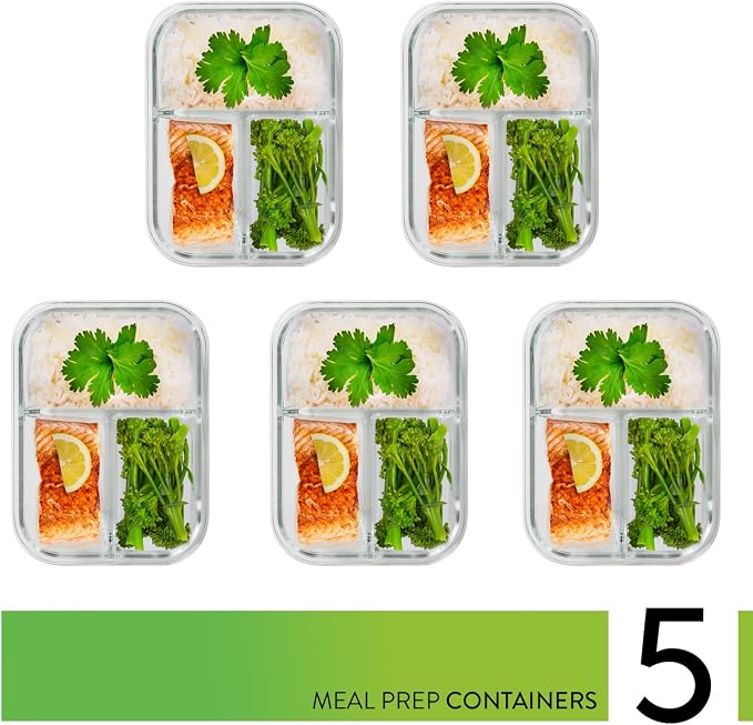 PrepNaturals 5 Pack 34oz Glass Meal Prep Containers - 3 Compartments | Borosilicate Glass Meal Prep Containers - Airtight Leak-Resistant Lids, Microwave, Oven & Freezer Safe (5-Pack, 34 oz)
