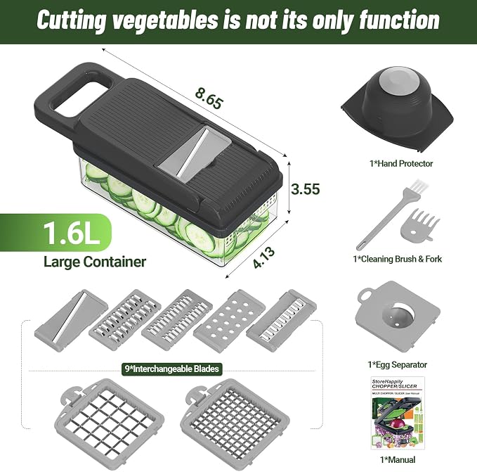StoreHappily 12-in-1 Vegetable Chopper, 7 Blades Veggie Chopper with Container and Lid, Dicer, Slicer, Multifunctional Kitchen Gadgets, Vegetable Cutter with Handle, Onion Cutter(Grey)