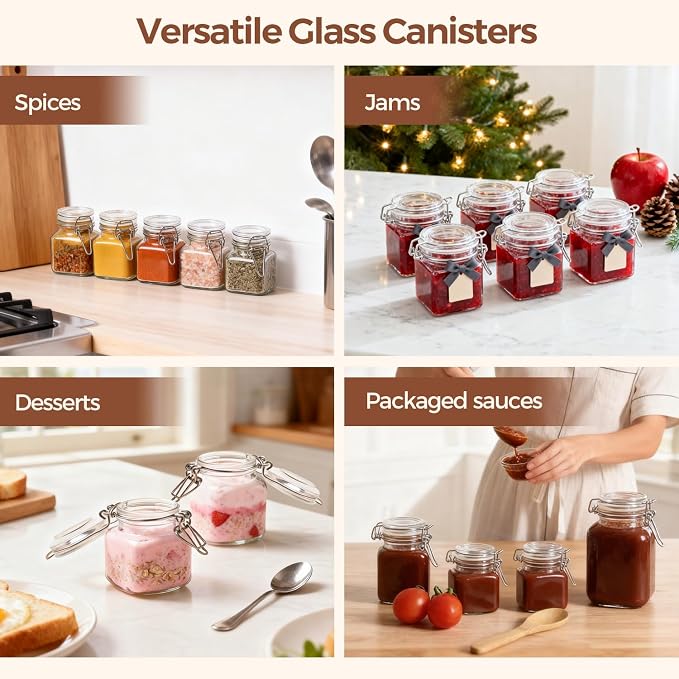 ComSaf Square Small Glass Spice Jars with Airtight Lids 4 oz 6 Pack Pantry | Honey herbs, Farmhouse pantry organization, Mini favor jars, Labels included, Funnel included, Kitchen storage, Snacks