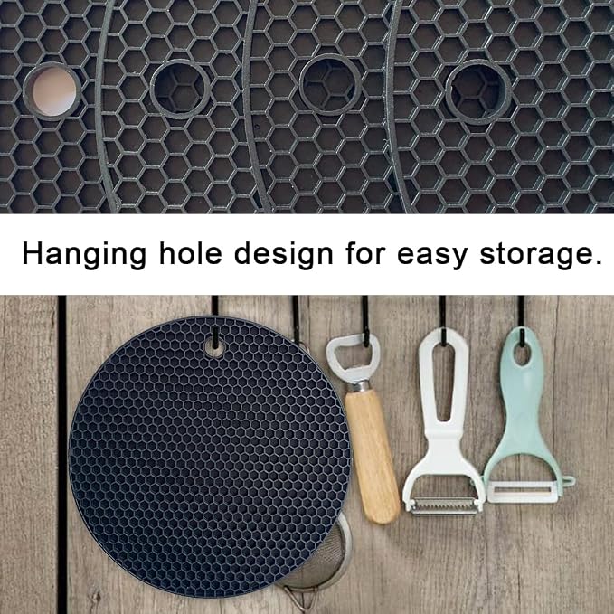7-Inch Round Silicone Trivet Mats - 4-Pack Non-Slip Heat Resistant Hot Pads for Kitchen Countertops, Pots and Pans (Black)