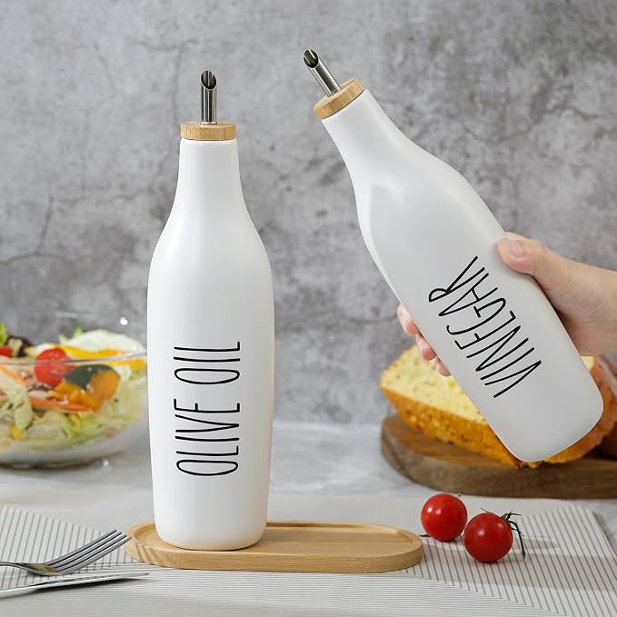 HOMCDALY Ceramic Olive Oil Dispenser for Kitchen, Stoneware 16oz Oil and Vinegar Bottles Dispenser, Kitchen Dispenser Bottle for EVOO Vinegar Syrups, Modern Farmhouse Design(W-V)