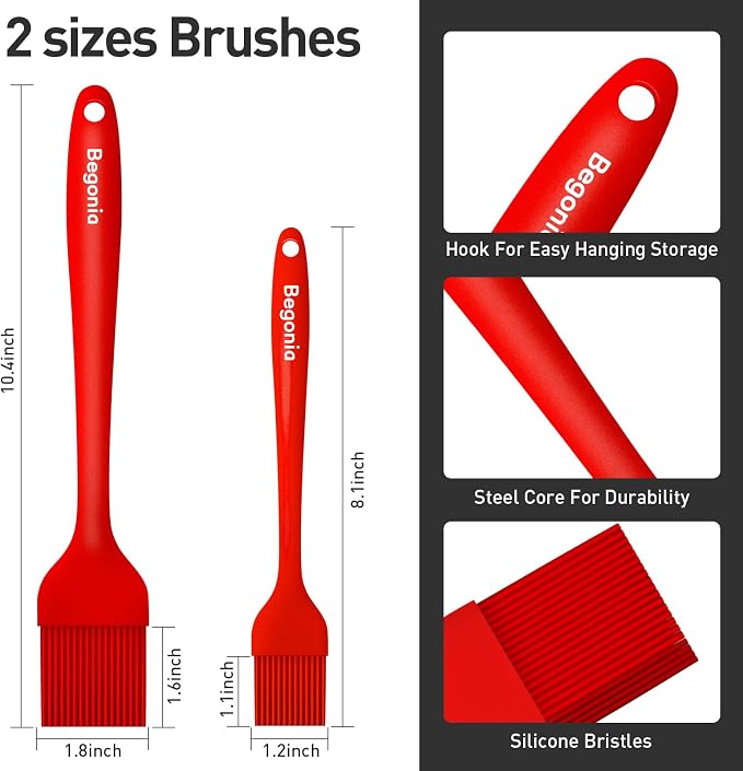 Begonia Silicone Basting Pastry Brush,2pcs 10+8 inch BBQ Sauce Brush,Red | Heat-Resistant, For Cooking, Baking, Grilling, Spreading Oil or Butter, Dishwasher-Safe