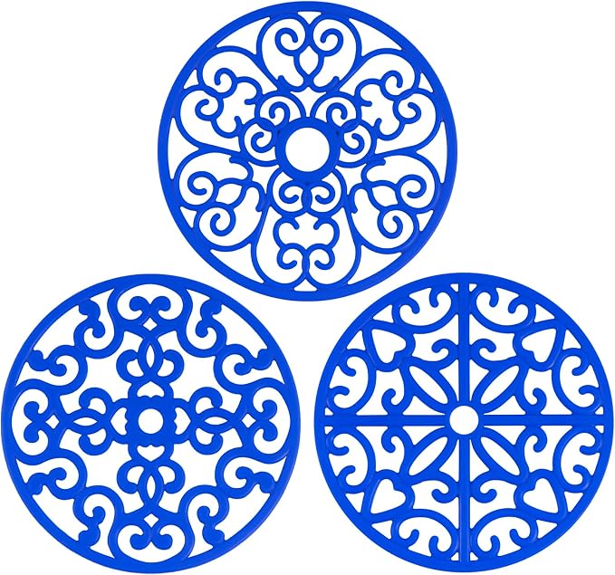 3PCS Heat Resistant Silicone Trivet Mats for Hot Dishes, Blue | Flexible, Non-Slip, Modern Kitchen Trivets Protects Table & Countertop, For Teapots Pans Bowls, Daily Kitchen Use
