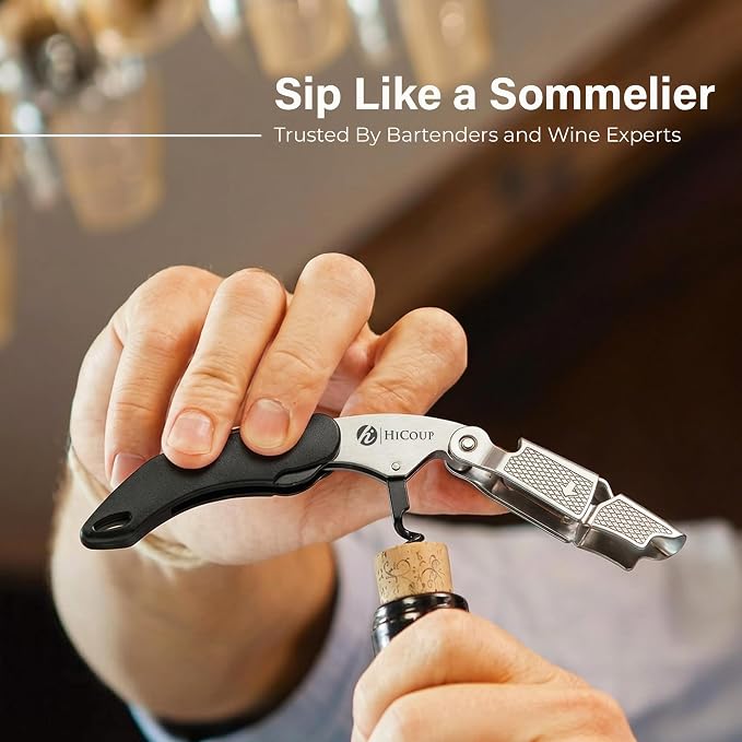 HiCoup Kitchenware Wine Opener - Professional Corkscrews for Wine Bottles w/Foil Cutter and Cap Remover - Manual Wine Key for Servers, Waiters, Bartenders and Home Use - Classic Black