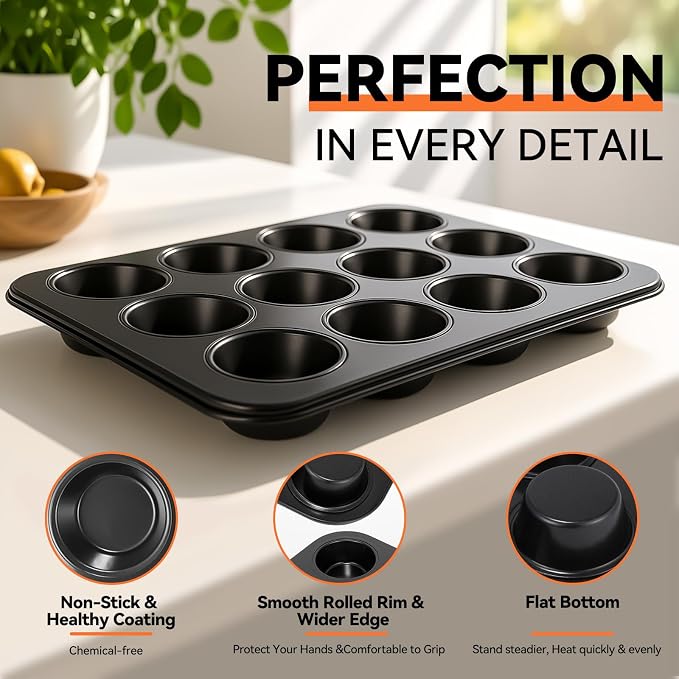 Yoehka 2 Pack Muffin Pan for Baking, Non-stick Cupcake Pan Set, Black | Standard 12-Cups Muffin Tin for Baking Cupcakes, Carbon Steel Baking Supplies