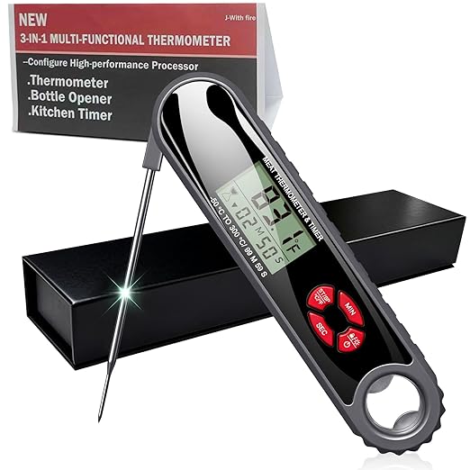 3 in 1 Meat Thermometer Digital with Beer Bottle Opener, Built-in a Kitchen Timer. Waterproof, Large Backlit Screen, Perfect Kitchen Accessories,BBQ Grill Cooking Gifts for Men,Fathers Day Gift