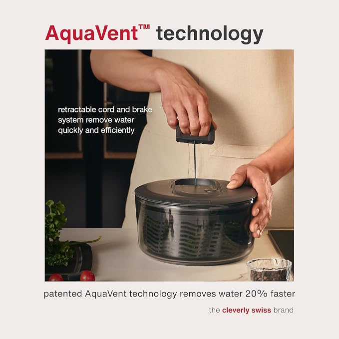 Zyliss Easy Spin Salad Spinner Small, Non-Slip Base, Serving Bowl, AquaVent™ Technology, Retractable Cord and Brake System, Easy to Clean