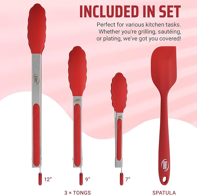 Kaluns Kitchen Tongs for Cooking Grilling Set of 4, BBQ Grill Tongs With Silicone Tip Stainless Steel Heat Resistant, Non-stick Pull Lock, Incl 7, 9, 12 Inch Tong Plus a Silicone Spatula