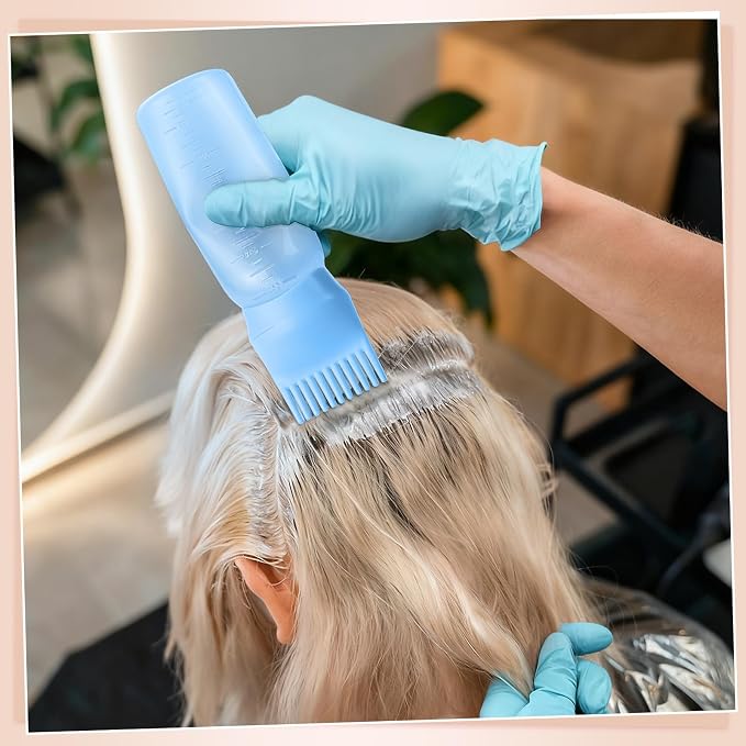 Pimoys 6Oz Root Comb Hair Dye Oil Applicator Bottles for Scalp, Blue | Plastic Squeeze Bottle Dispenser with Graduated Scale, Comb Tip Applicator For Hair Coloring Scalp Oiling, Home Salon Use