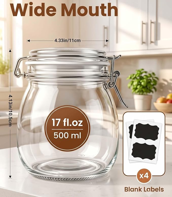 17 oz Glass Jars 4Pack with Airtight Lids,Wide Mouth Food Storage Canisters | Leakproof seal, moisture-proof pantry organization, heavy-duty borosilicate glass, ideal for flour, sugar, coffee, pasta