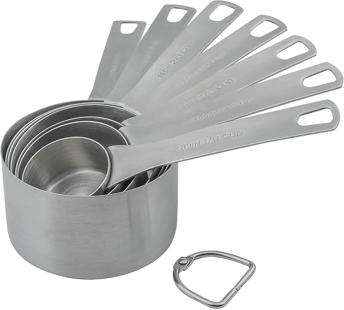Measuring Cups Set of 7, 18/8 Stainless Steel Measuring Cups with 1/8, 1/4, 1/3, 1/2, 2/3, 3/4 & 1 Cup for Kitchen & Baking, Dry and Liquil Metal Metric Measure Cups Set