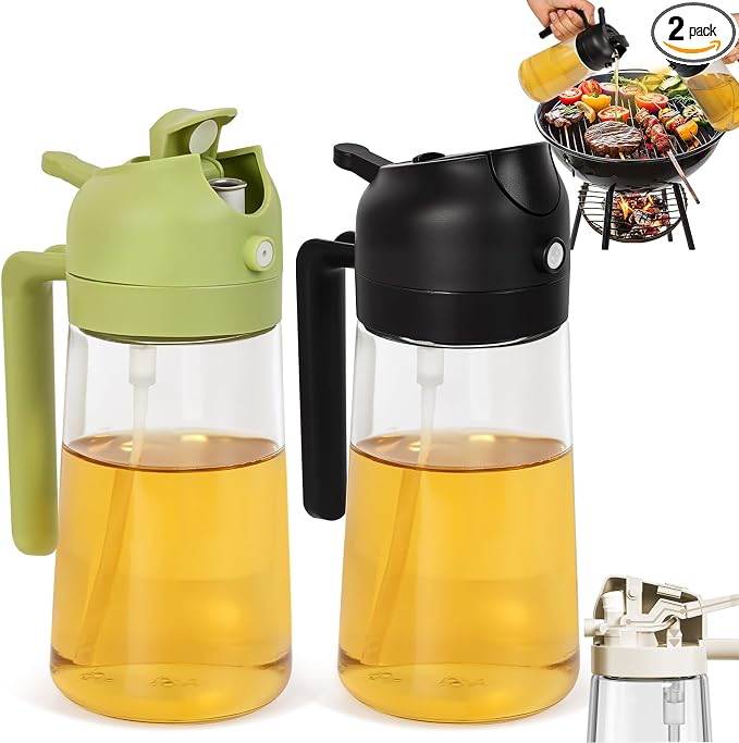 CJT 2 pcs 16oz/470ml Oil Sprayer for Cooking with labels, Food-grade Premium 2 in 1 Olive Oil Dispenser Bottle for Cooking,BBQ, Air Fryer,Salad,Baking(Green & Black)